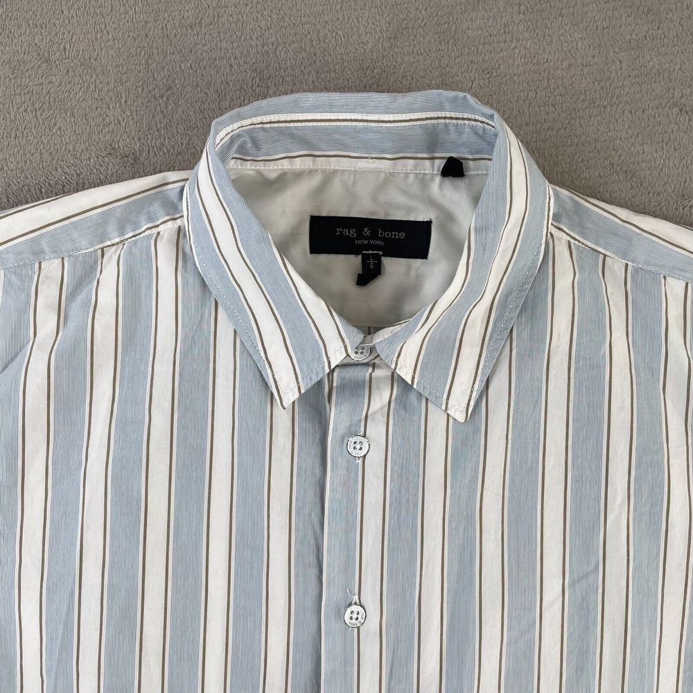 Rag & Bone New York Shirt Men Large Blue White Striped Twill Short Sleeve NWOT
